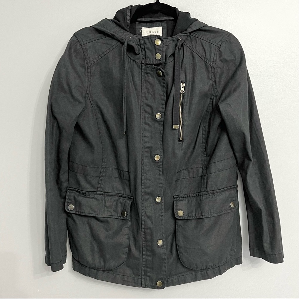Forever 21 Black Hooded Jacket with Gold Details Size S